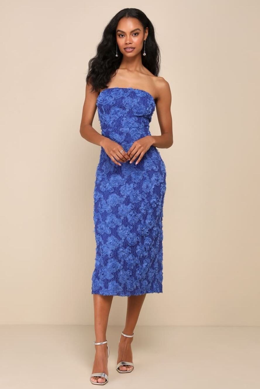 NWT Lulus Flawless Perfection Blue Floral Applique Strapless Midi Dress Gala L